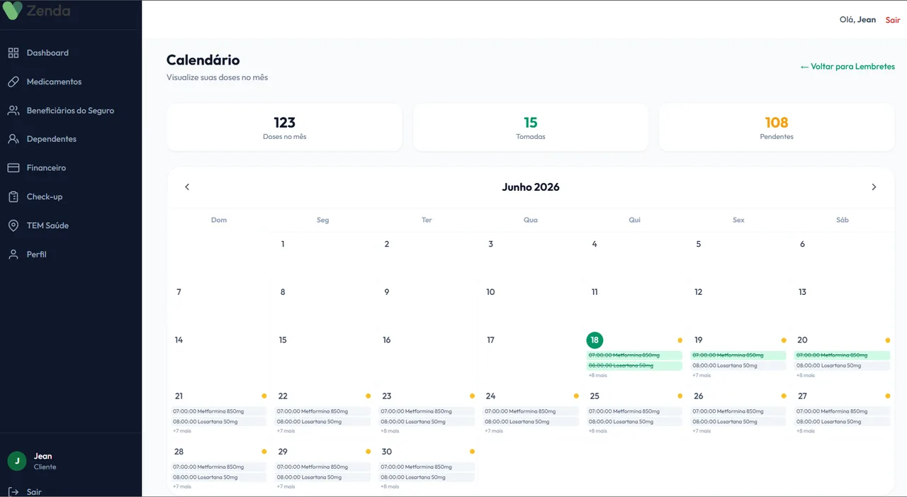 Calendário de consultas do Zenda Saúde